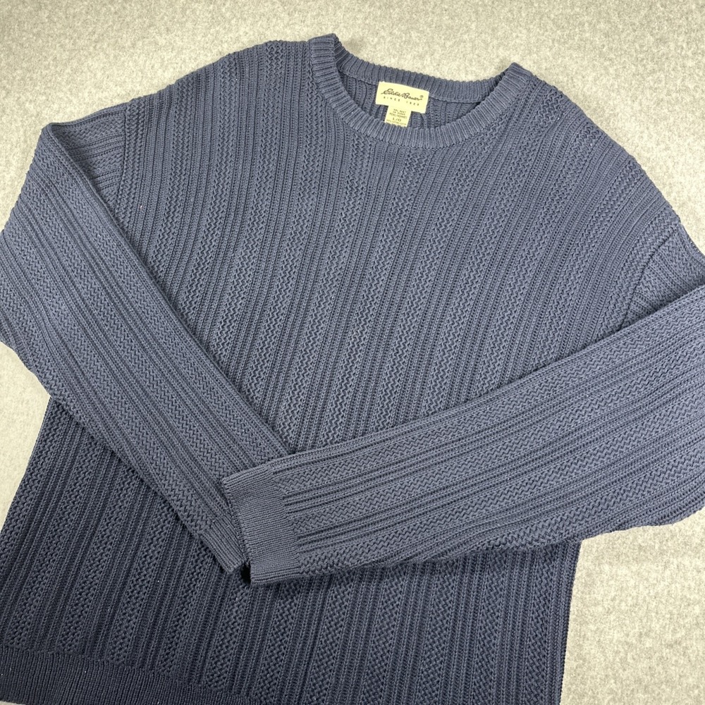 Vintage Eddie Bauer Sweater Men's Large Blue Cotton Cable Knit Fisherman